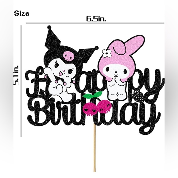 Cute Kawaii Kuromi Melody Glitter Black Cake Topper Happy Birthday - Picture 4 of 6